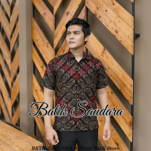 Kemeja Batik Lengan Pendek Motif Songket Merah