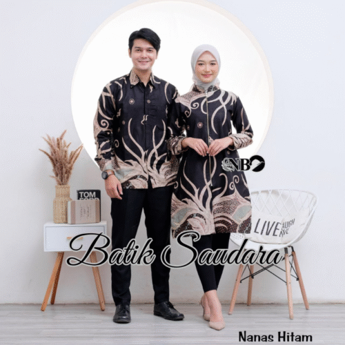 Couple Tunik Batik Zipper Depan Motif Nanas Hitam