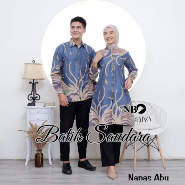 Couple Tunik Batik Zipper Depan Motif Nanas Biru