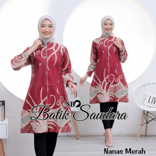 Couple Tunik Batik Zipper Depan Motif Nanas Merah - Gambar 2