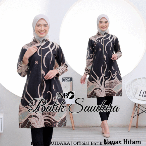 Couple Tunik Batik Zipper Depan Motif Nanas Hitam - Gambar 2