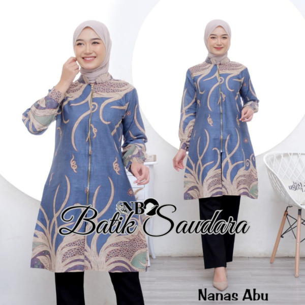 Couple Tunik Batik Zipper Depan Motif Nanas Biru - Gambar 2