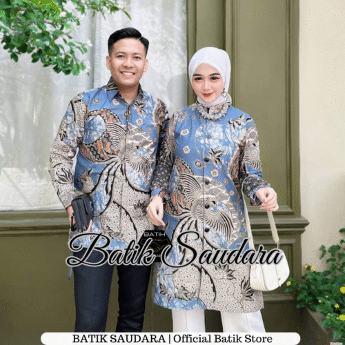 Couple Tunik Batik Kancing Depan Motif Garuda Biru