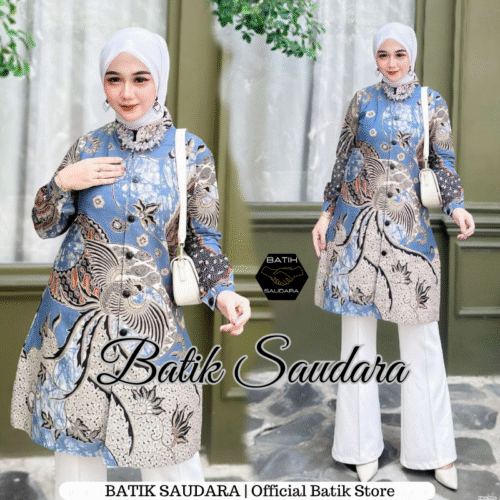 Couple Tunik Batik Kancing Depan Motif Garuda Biru - Gambar 2