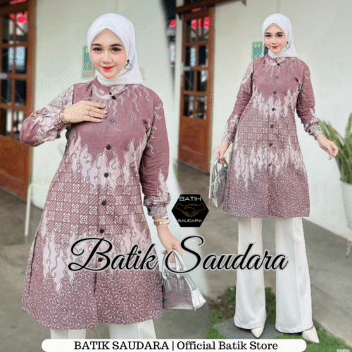 Couple Tunik Batik Kancing Depan Motif Mega Mendung Mauve - Gambar 2