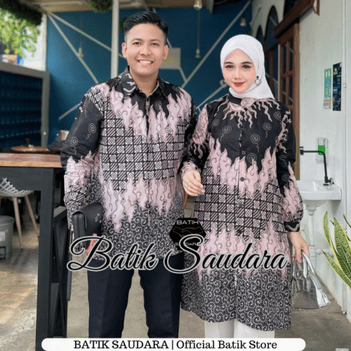 Couple Tunik Batik Kancing Depan Motif Mega Mendung Hitam