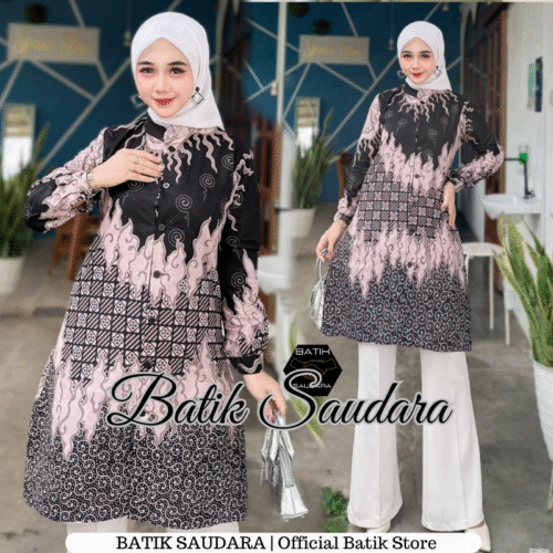 Couple Tunik Batik Kancing Depan Motif Mega Mendung Hitam - Gambar 2