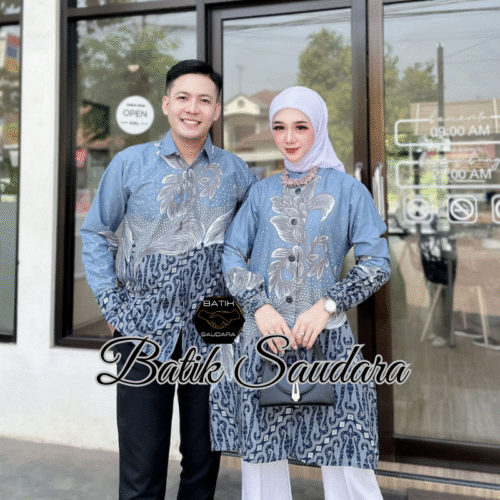 Couple Tunik Batik Kancing Depan Motif Anggrek Biru